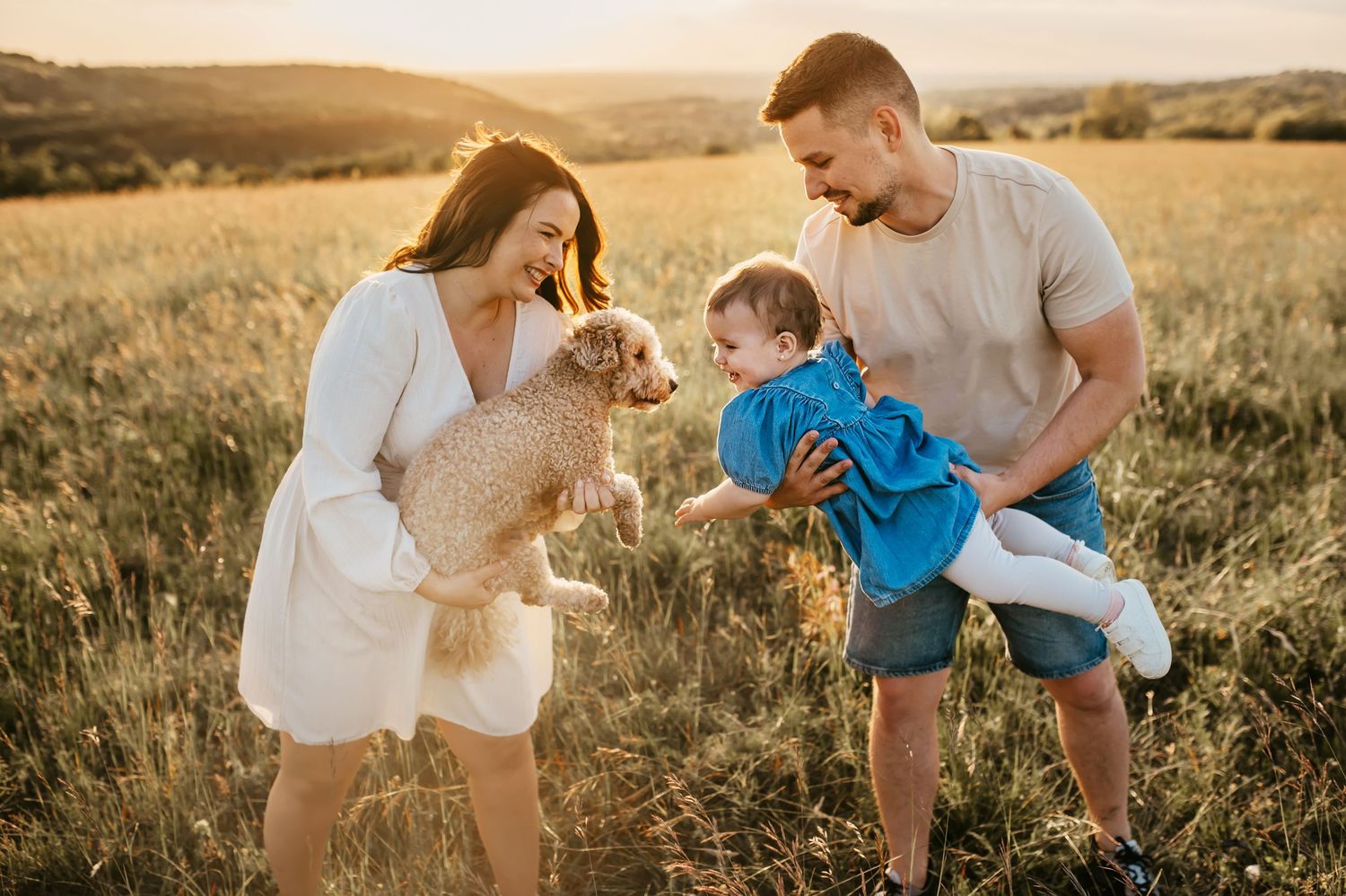 A family plays together with their golden retriever puppy in a sun-drenched meadow at golden hour.