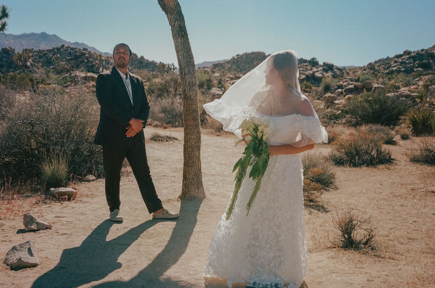 A couple walks through a desert landscape holding hands with mountains and cacti in the background.