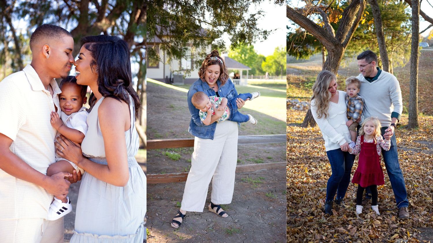 Collage of outdoor family photoshoot moments in natural sunlight setting.