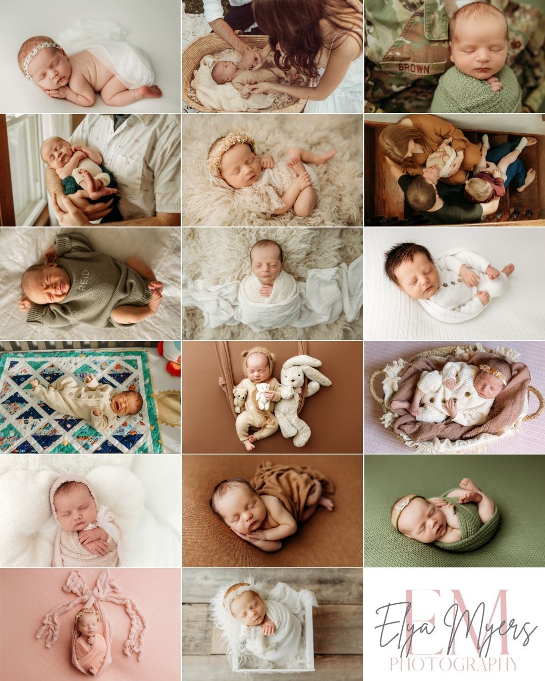 A collection of soft and dreamy newborn photography featuring babies in various poses with neutral tones and delicate props.