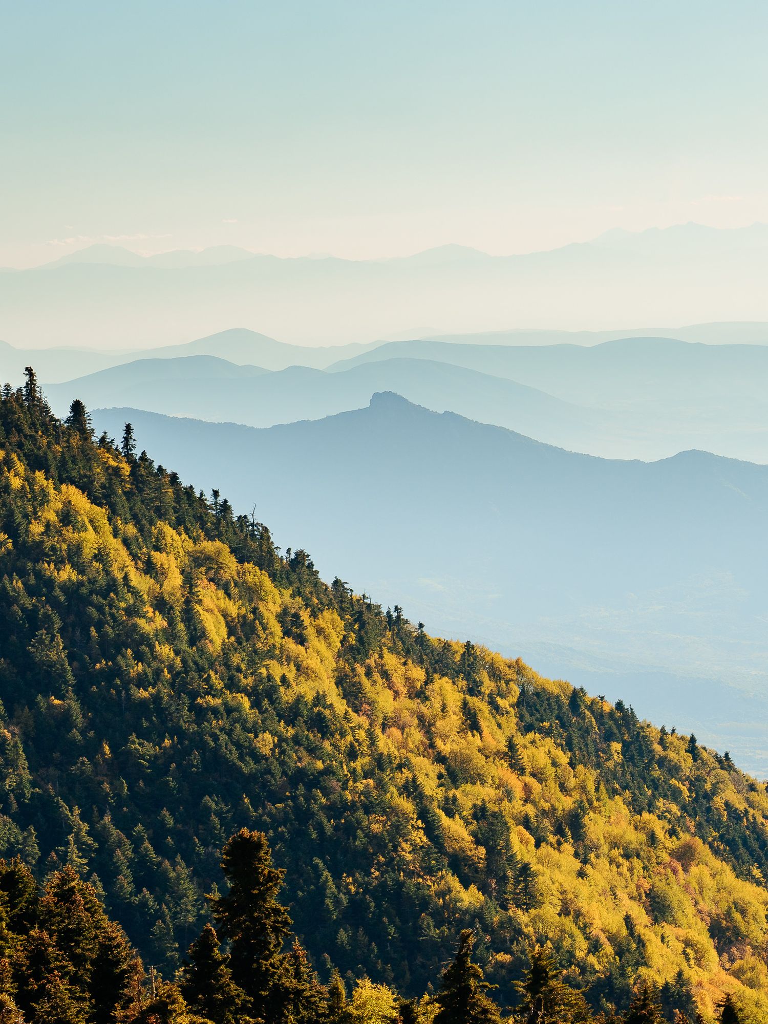 Mountain landscape with forested hillside and distant mountain layers in natural outdoor environment.
