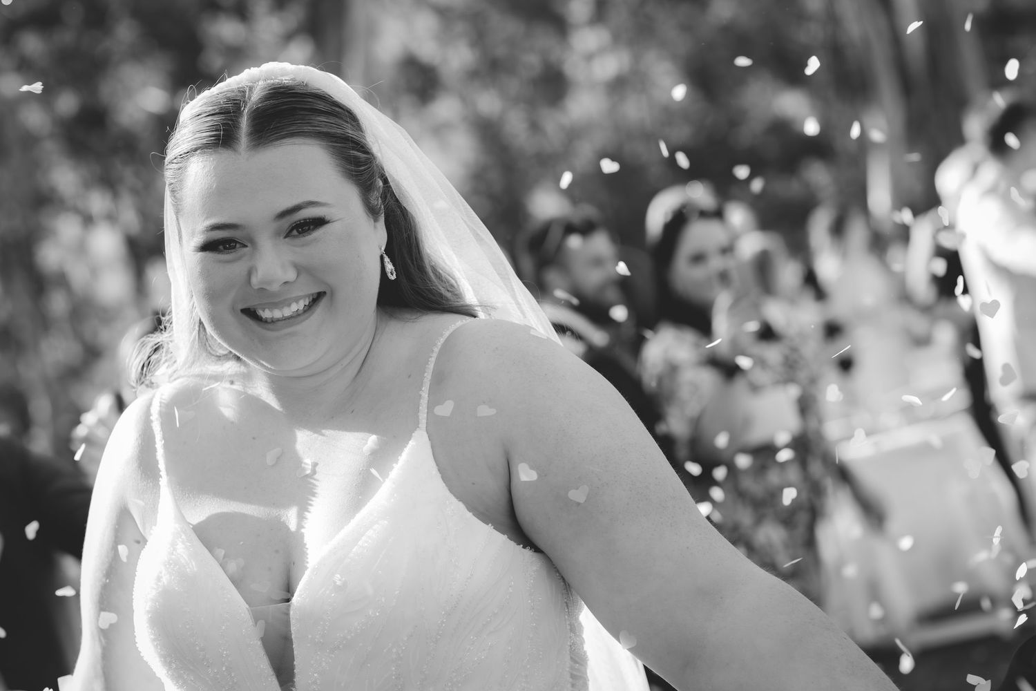 Wedding celebration scene with confetti falling in bright sunlight.