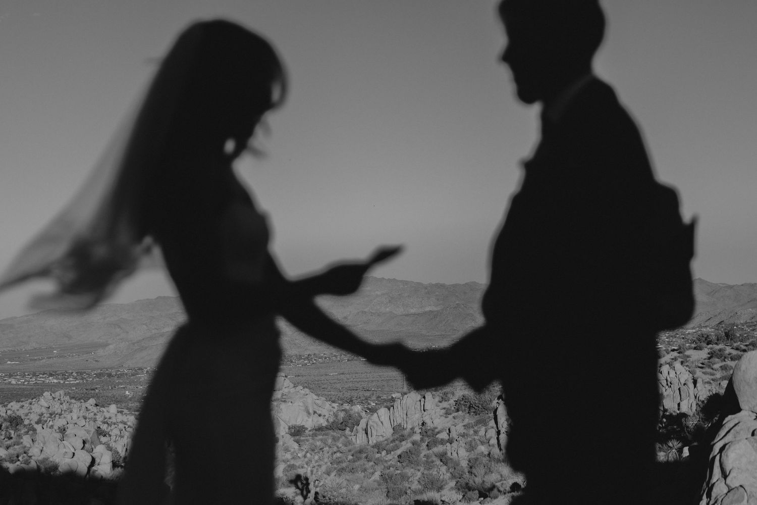 Silhouetted figures stand atop desert mountains overlooking a scenic landscape vista in black and white.