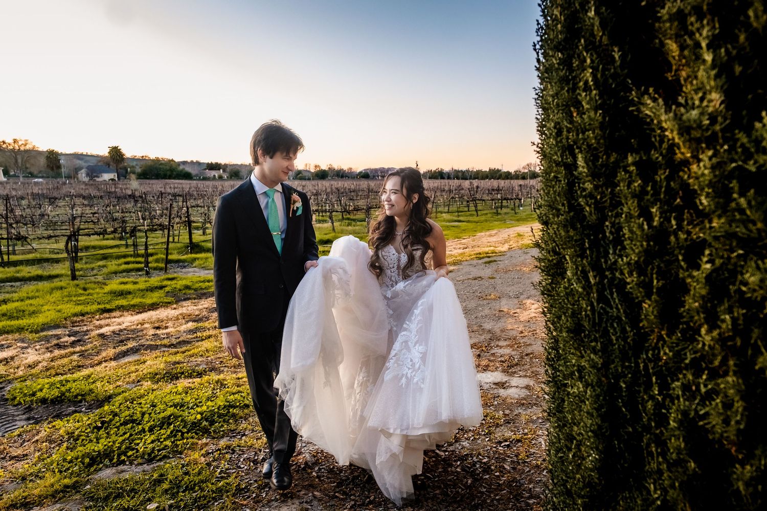A couple walks hand in hand through a scenic vineyard at sunset on their wedding day at Ruby hill winery in Pleasanton California
