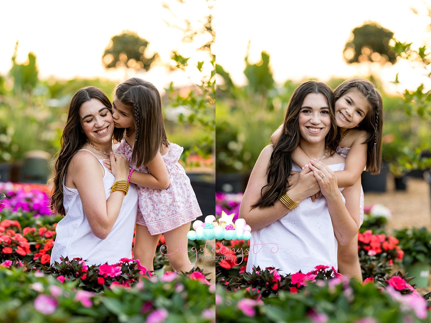 Two sisters pose among colorful flowers, sharing a sweet kiss and piggyback ride in a sunlit garden.