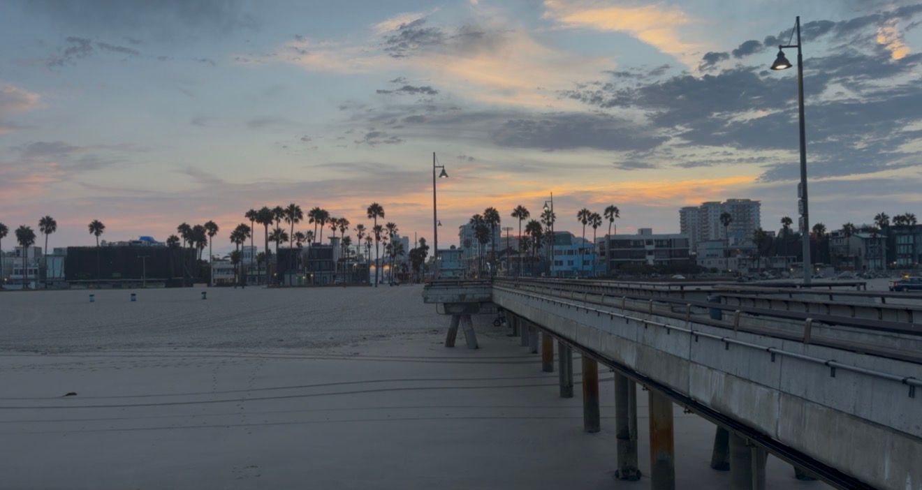 Sunset over Venice Beach pier with palm trees and city skyline reflecting warm colors in the evening sky.