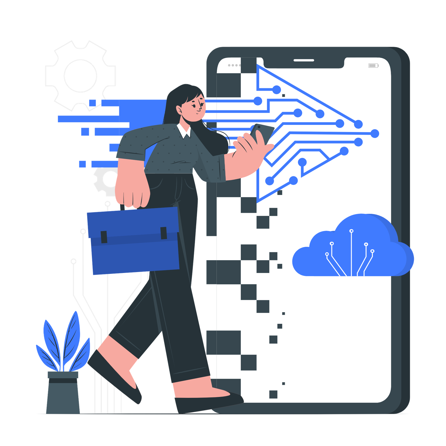 Illustration of a businesswoman walking out of a digital mobile phone screen with cloud and circuit elements.