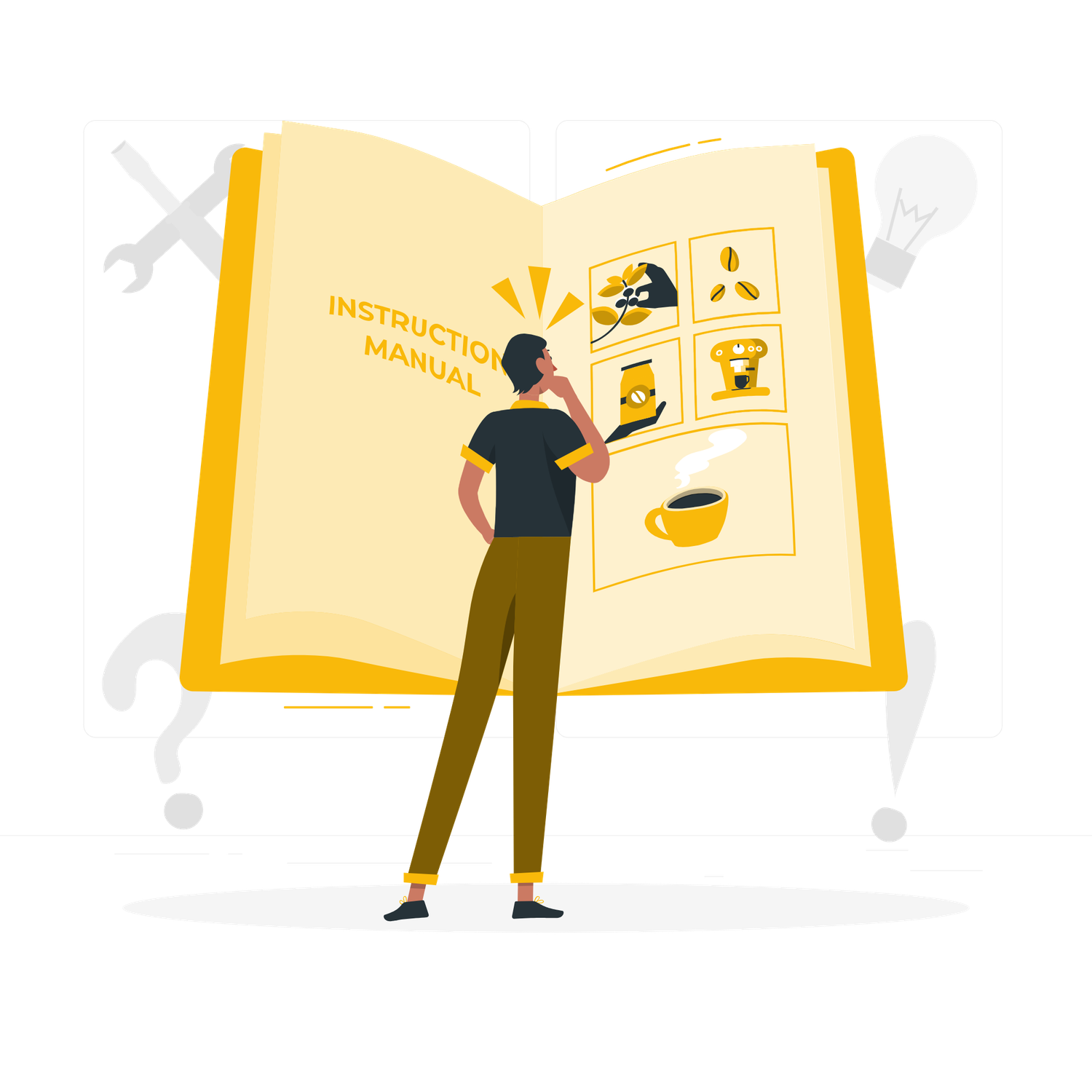 A woman studies a large open yellow instruction manual book with illustrated icons and diagrams on its pages.