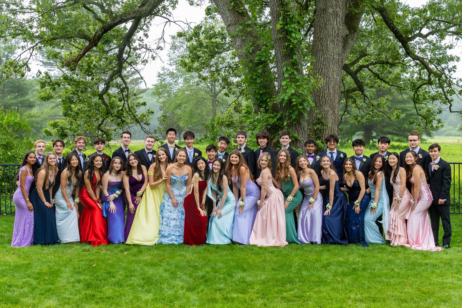 Large group of teens in colorful formal prom attire posing outdoors on green lawn under large tree at a pre prom party in Weston, MA.