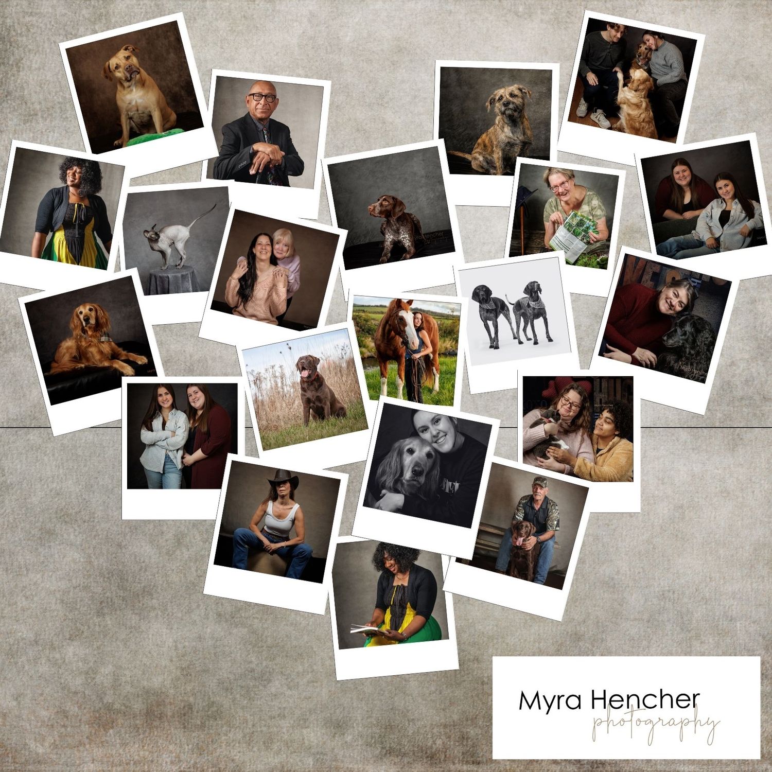 Heart-shaped collage of professional pet and owner portraits by Myra Hencher Photography, featuring dogs, horses, and families.