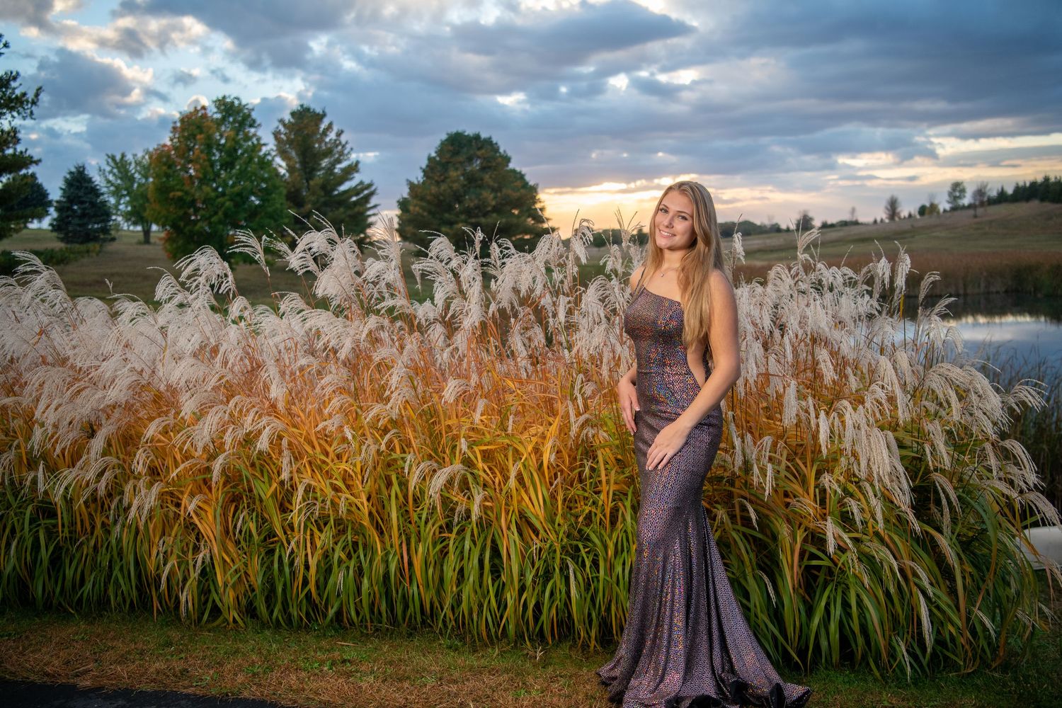 A formal purple gown sparkles against tall golden pampas grass at sunset with dramatic clouds in the background.