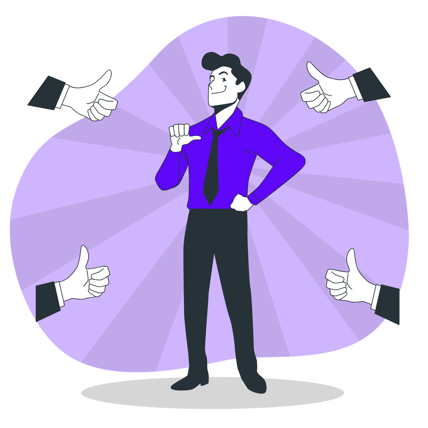 Confident businessman in purple shirt surrounded by thumbs up gestures on purple background illustration.