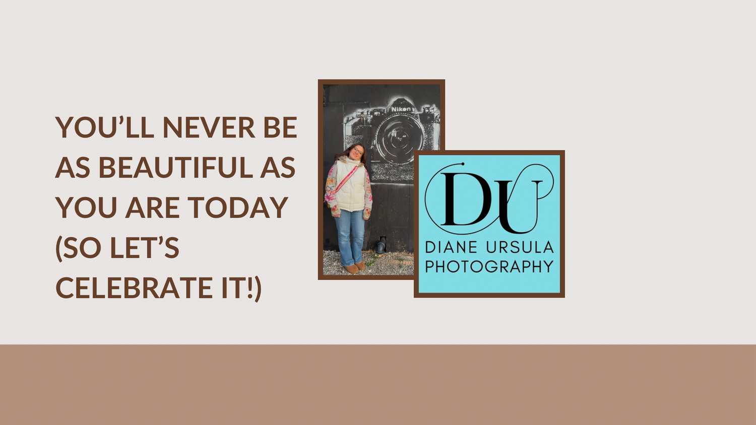 Photo of Photographer standing next to grafitti painting of Nikon camera nex to the logo for Diane Ursula Photography. Middletown NJ