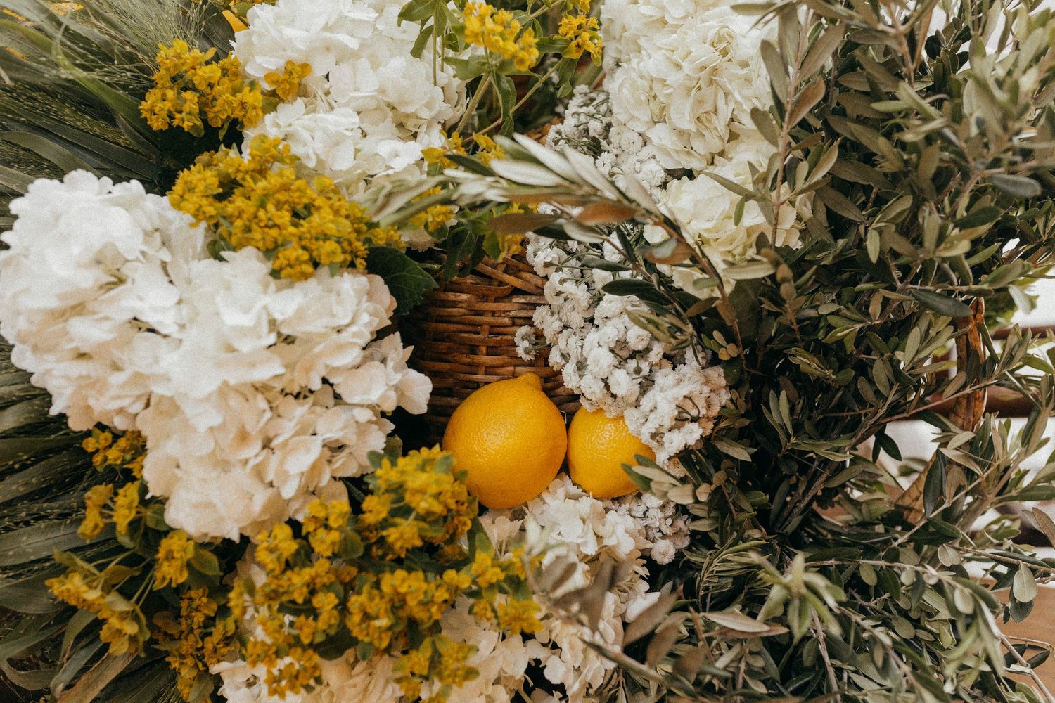 Fresh citrus fruits nestled among white hydrangeas and yellow mimosa flowers in rustic arrangement.