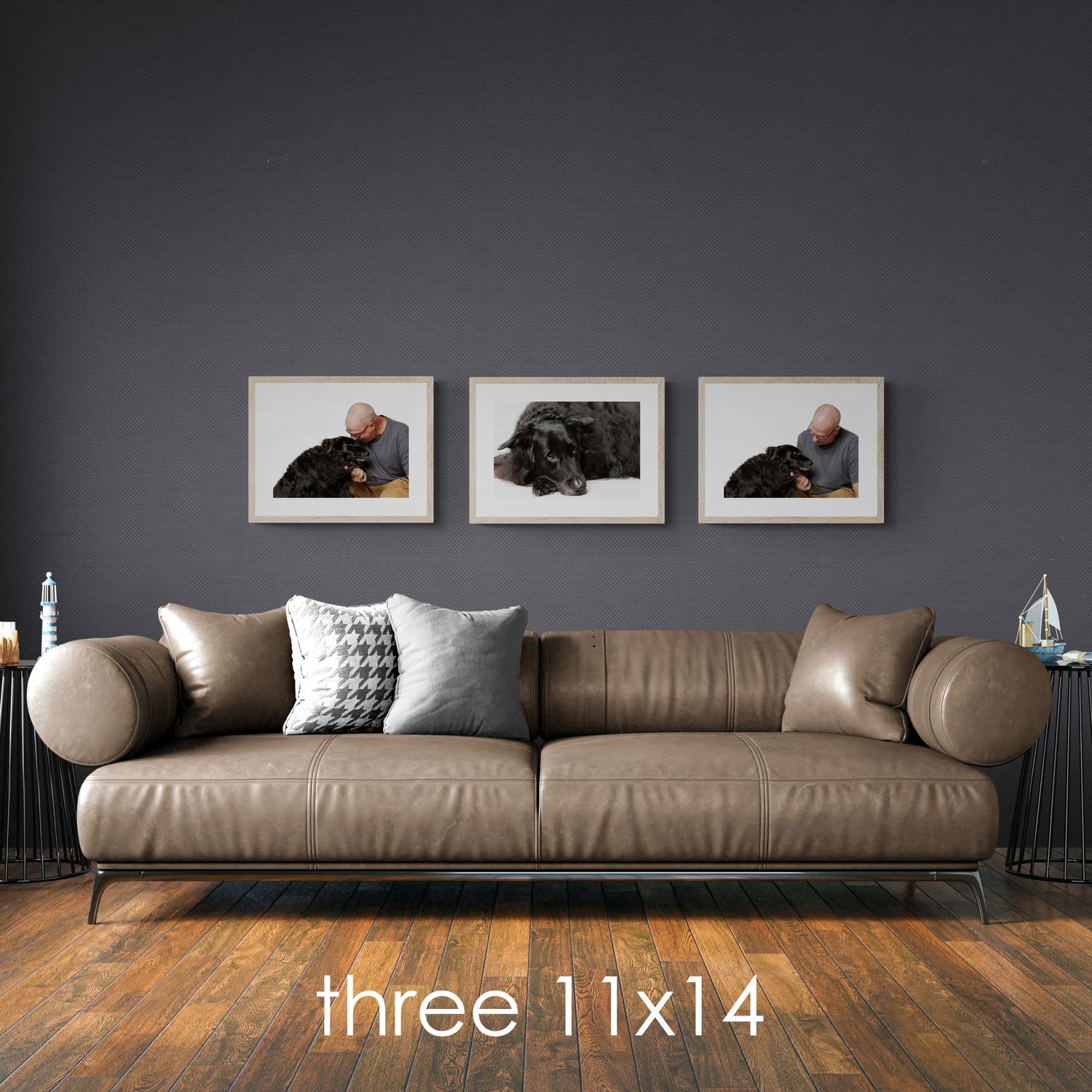 Three framed images of a Nova Scotia  man and his dog are displayed on a all above a sofa.