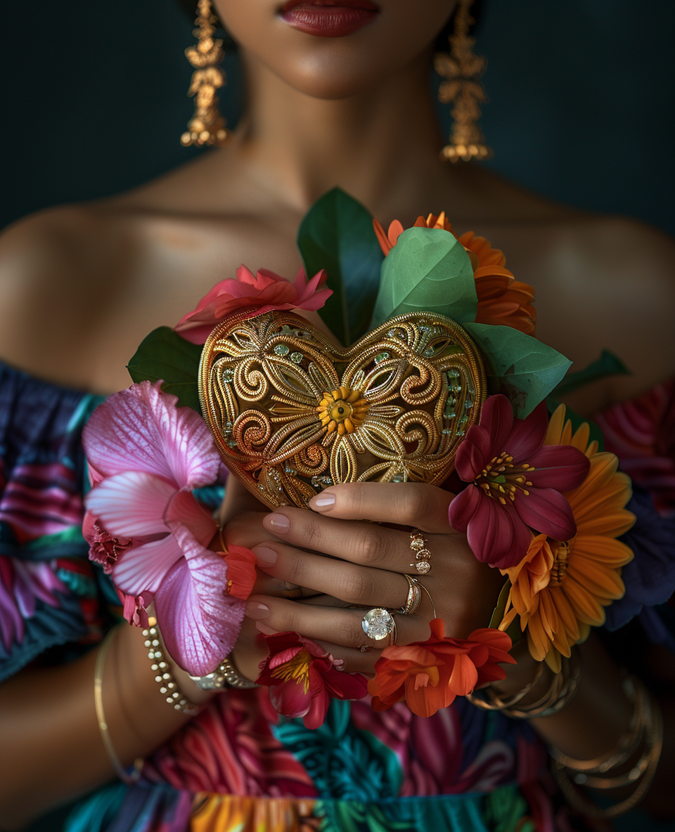 woman holding a filigran gold heart close to her chest