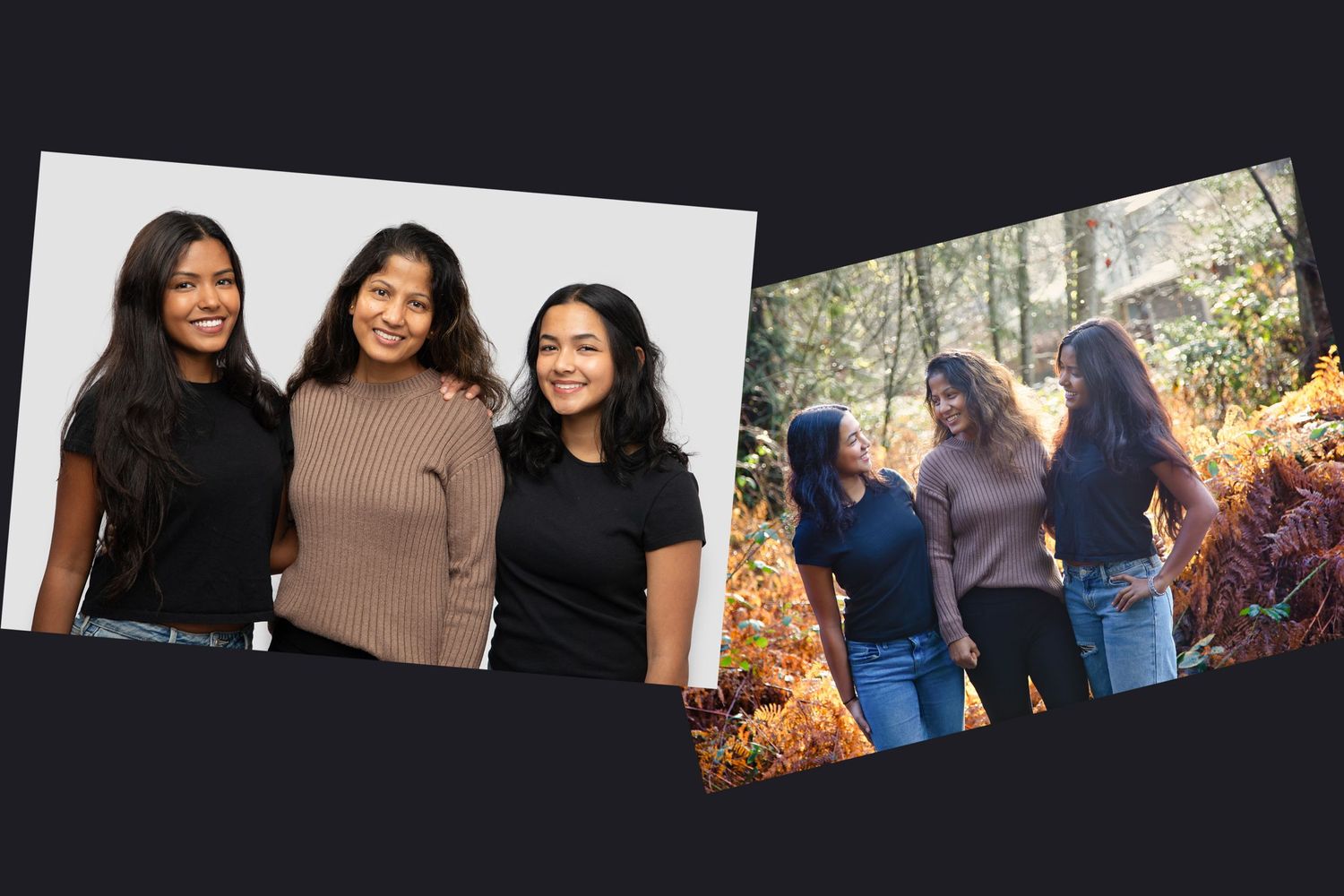 Banner image for Jackie Phairow Photography showing a mother and her two daughters in two photos. One in studio and one in nature.