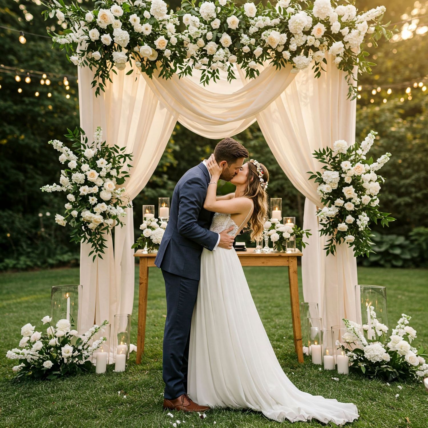 A romantic wedding ceremony setup with white draping arch decorated with white roses and greenery in an outdoor garden setting.