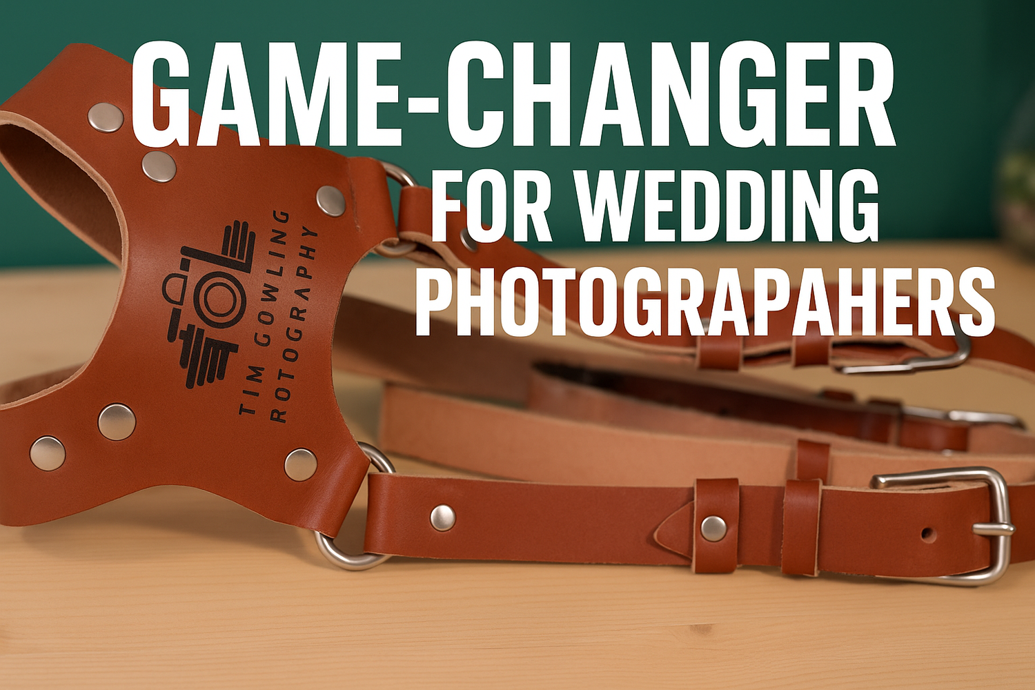 Brown leather camera strap with "Game-changer for wedding photographers" text overlay against teal background.