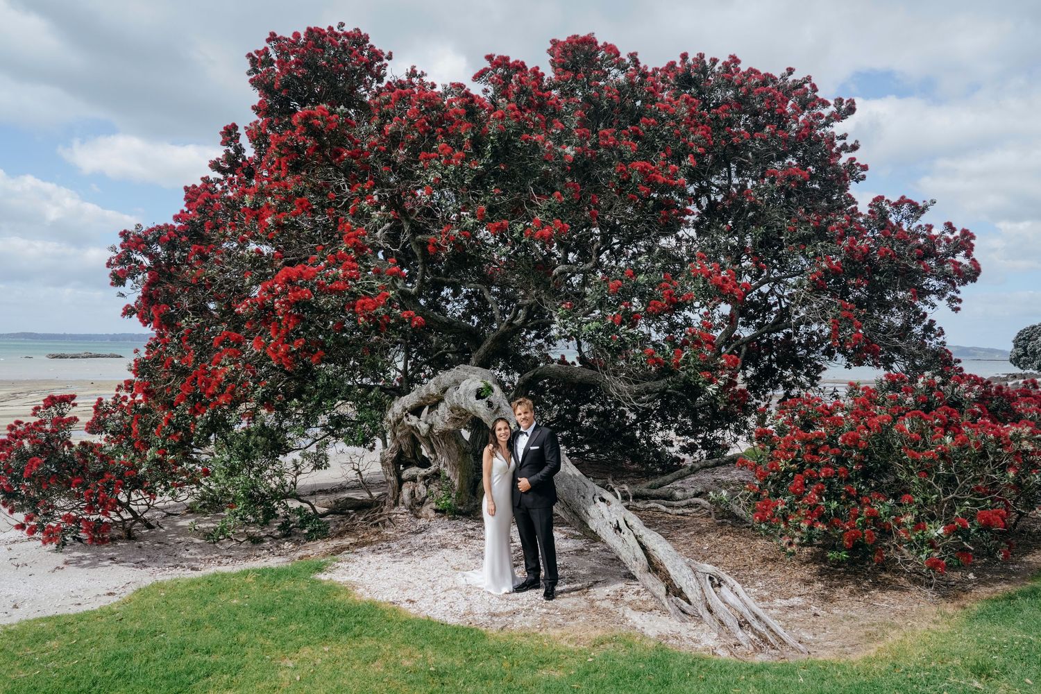 Joyful newlyweds celebrate outdoors, groom raising colorful bouquet in black tuxedo, bride in white gown with veil, green hills behind.