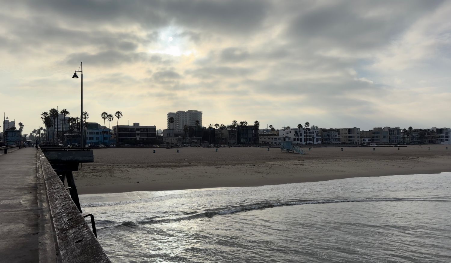 Overcast sky over Venice Beach pier with sandy shoreline, palm trees, and coastal buildings in Los Angeles, California.