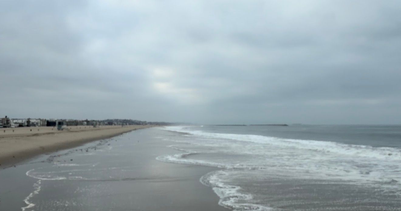 Overcast beach scene with gentle waves, wet sand, and a long shoreline stretching into the distance on a cloudy day.