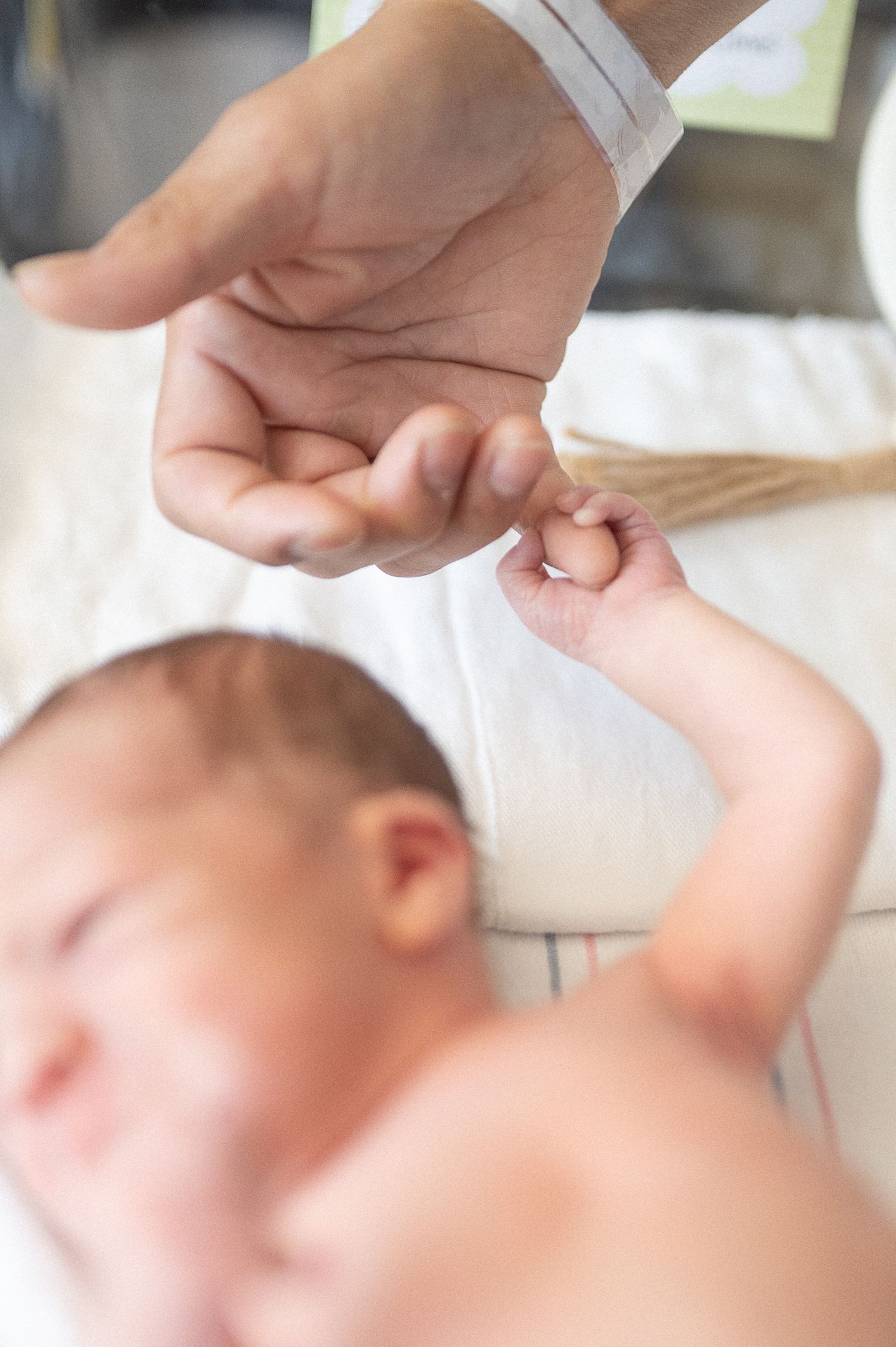 Close-up of adult hands gently holding tiny newborn baby feet with hospital ID bracelet on white striped blanket.