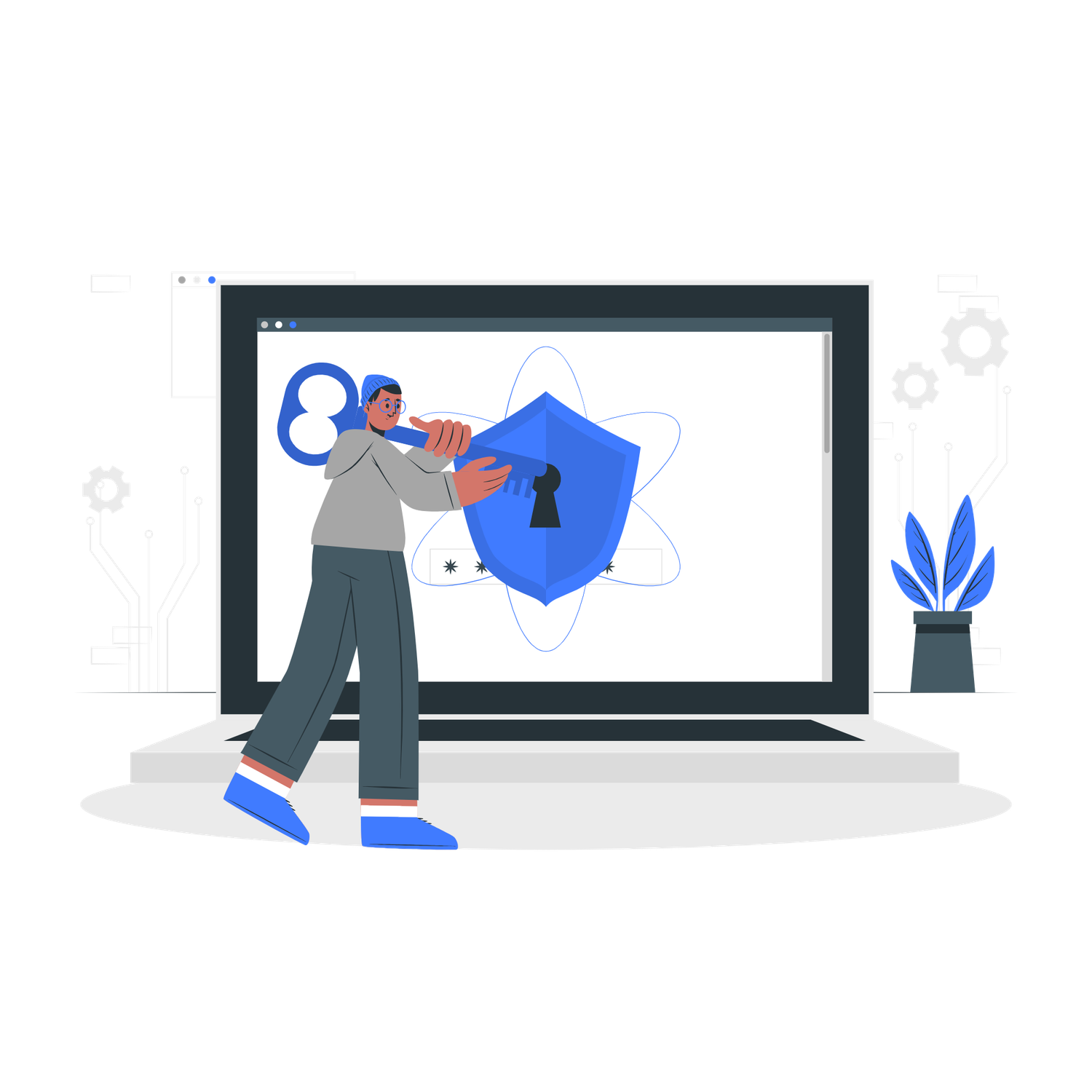 Person securing a laptop with a shield and key, representing cybersecurity and data protection.