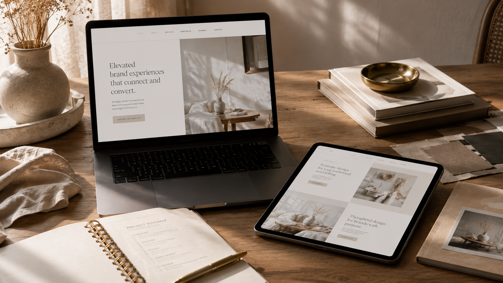 Laptop and tablet displaying an elegant website on a rustic wooden desk with books and decor.