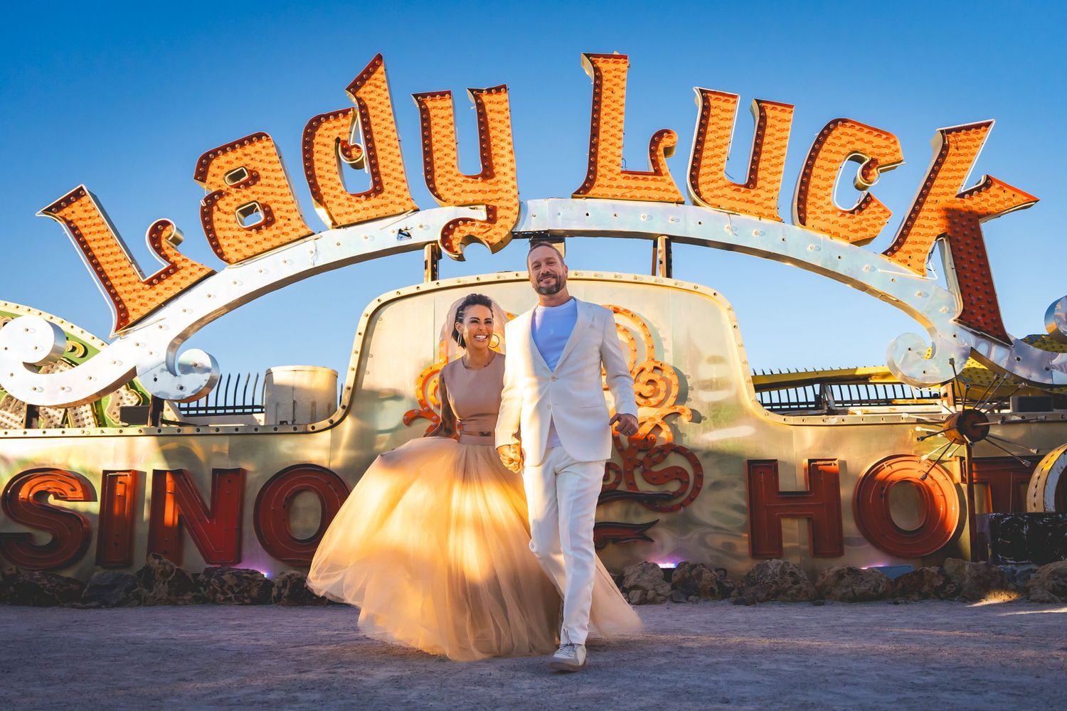 A Las Vegas elopement at the Neon Museum: vintage Vegas charm, rock 'n roll vibes, and a love story shining bright.