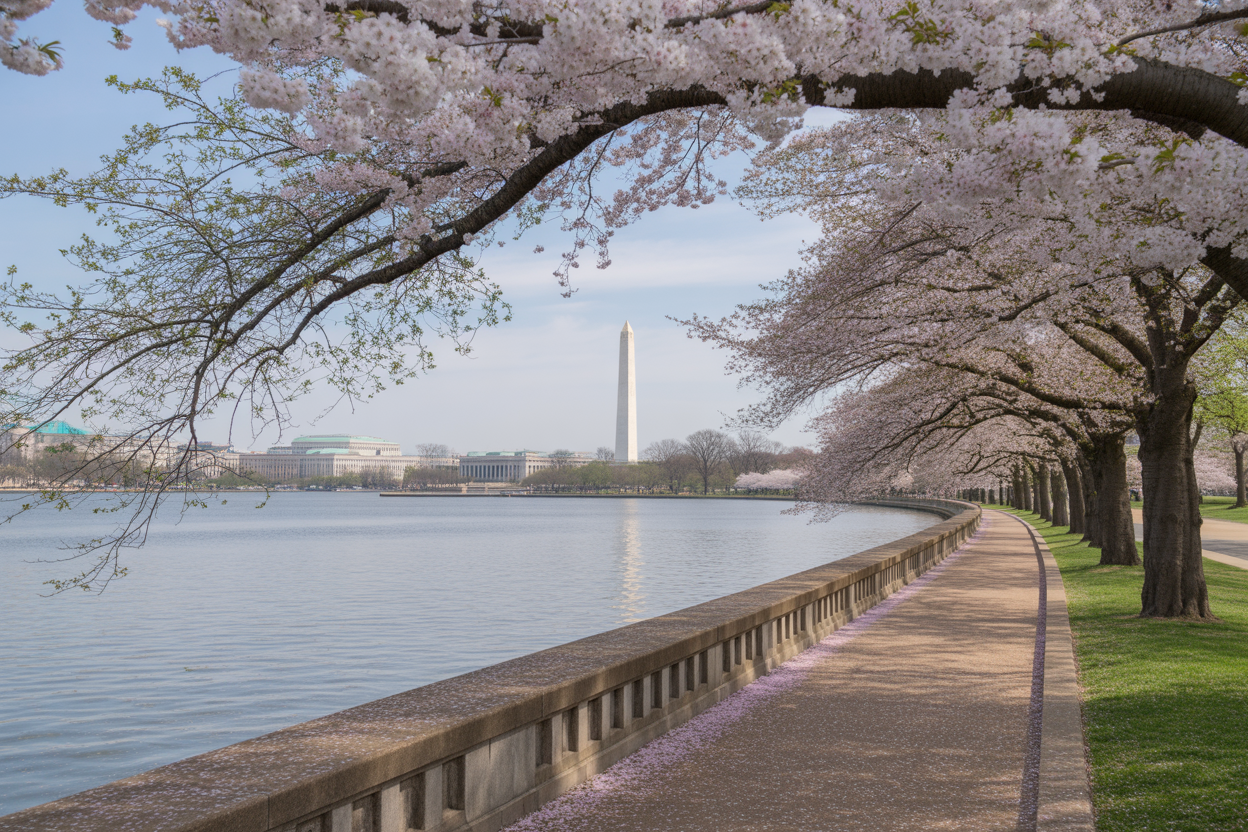 Cherry blossom trees line a waterfront path along the Tidal Basin in Washington DC during peak spring bloom. Flying Dress Photoshoot