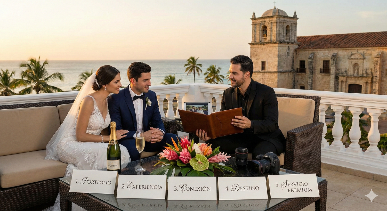Un collage de un lugar de boda que muestra un edificio histórico de piedra, un montaje de ceremonia al aire libre y detalles elegantes de la