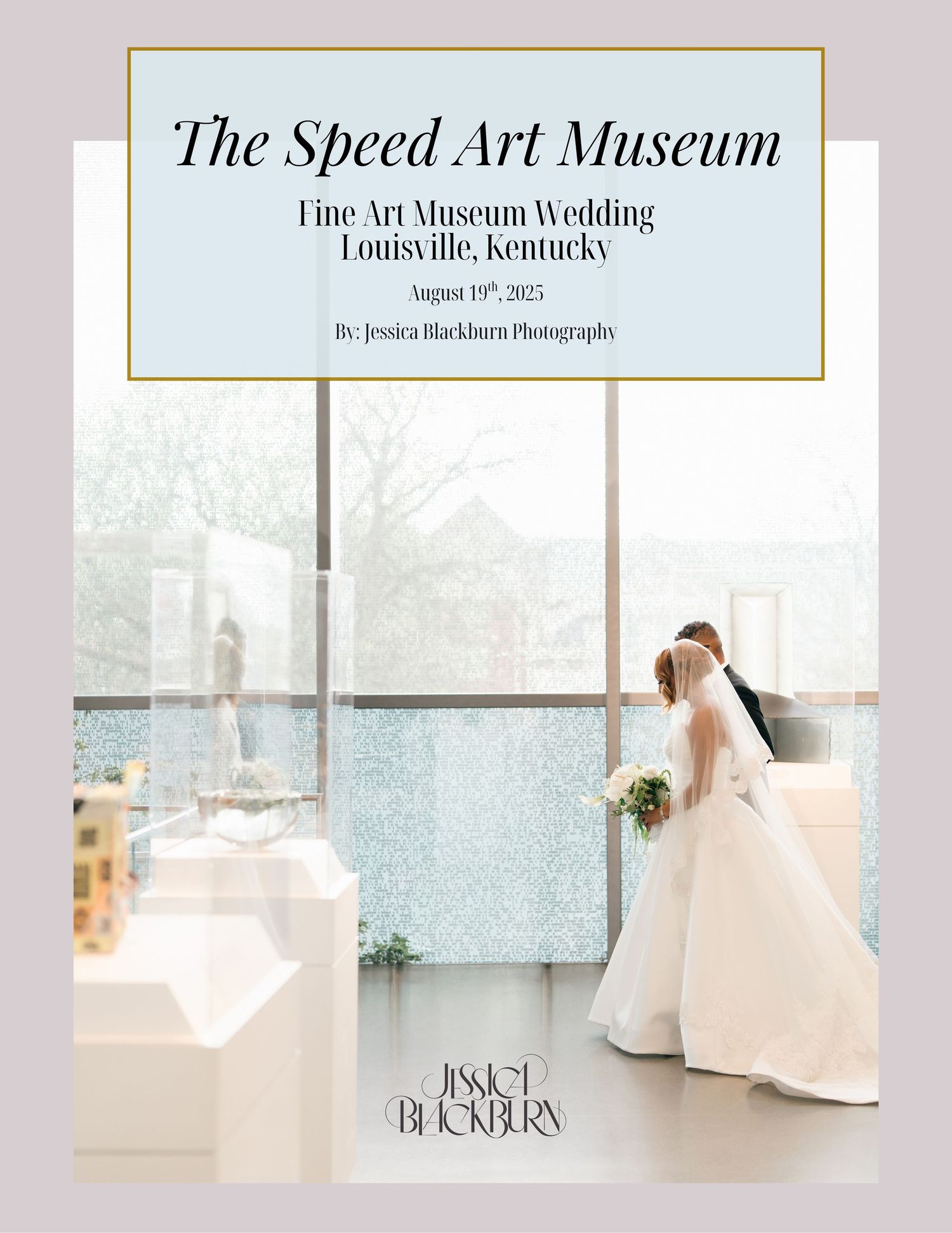 A wedding photo book cover showing the Speed Art Museum in Louisville, Kentucky with an elegant bride in view.