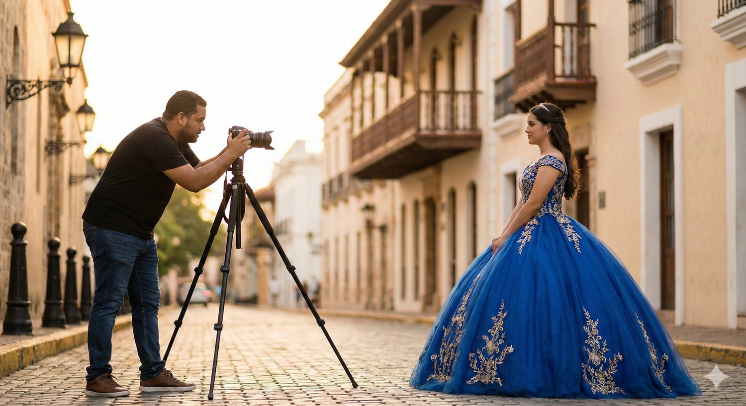 Un fotógrafo captura una foto de alguien con un impresionante vestido de quinceañera azul real en una calle empedrada.