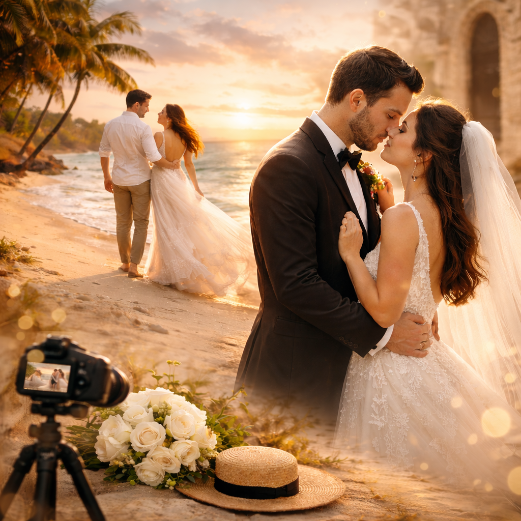 Sesión fotográfica de boda romántica en la playa al atardecer, con parejas en atuendos formales y vestidos blancos a lo largo de la orilla.