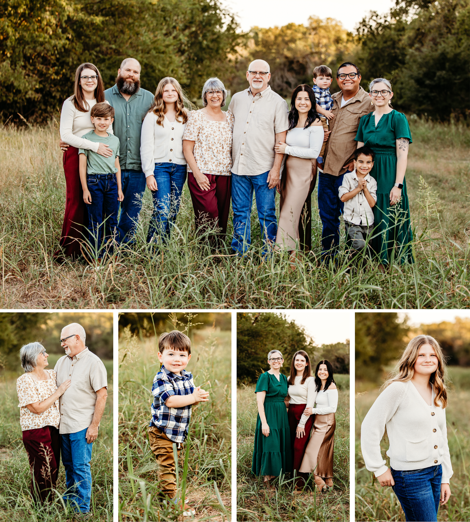 A collection of outdoor family portrait photographs arranged in a grid showing casual poses in a natural setting at sunset.