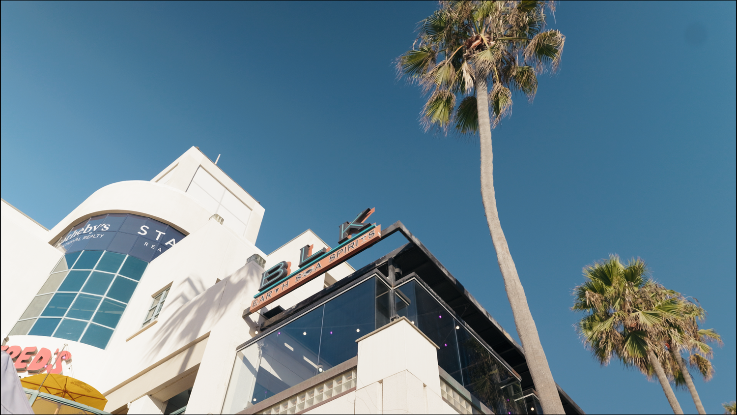 Modern white and glass architectural buildings with palm trees against a bright blue sky in a tropical location.