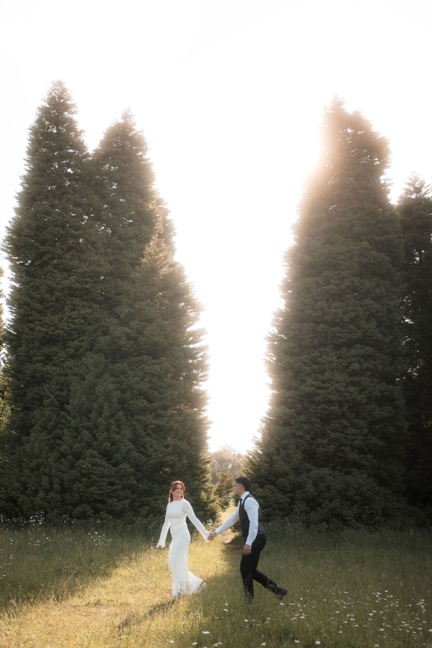 A romantic couple in formal attire share a tender moment in a sunlit meadow with backlit forest scenery.