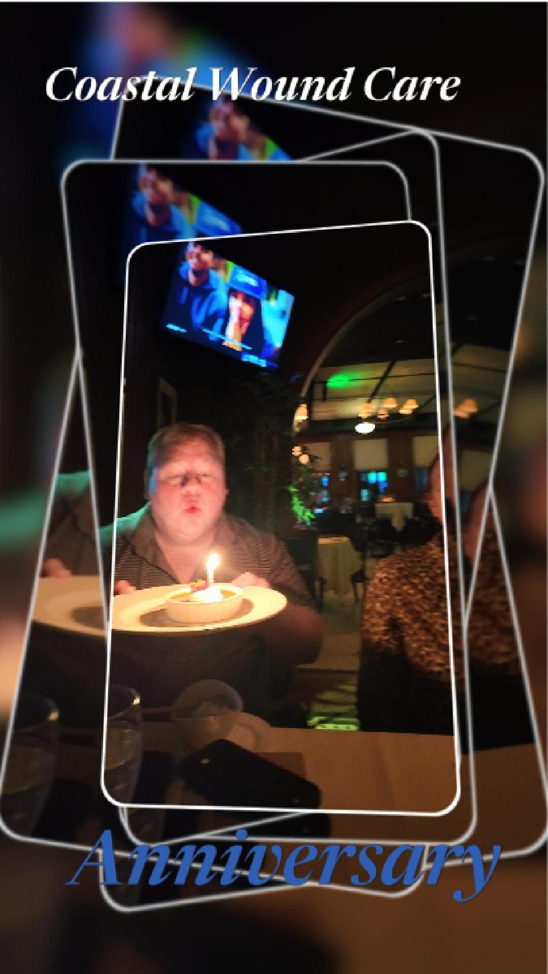 Candlelit cake celebration across multiple frames showing a darkened room with lighting glowing from above.