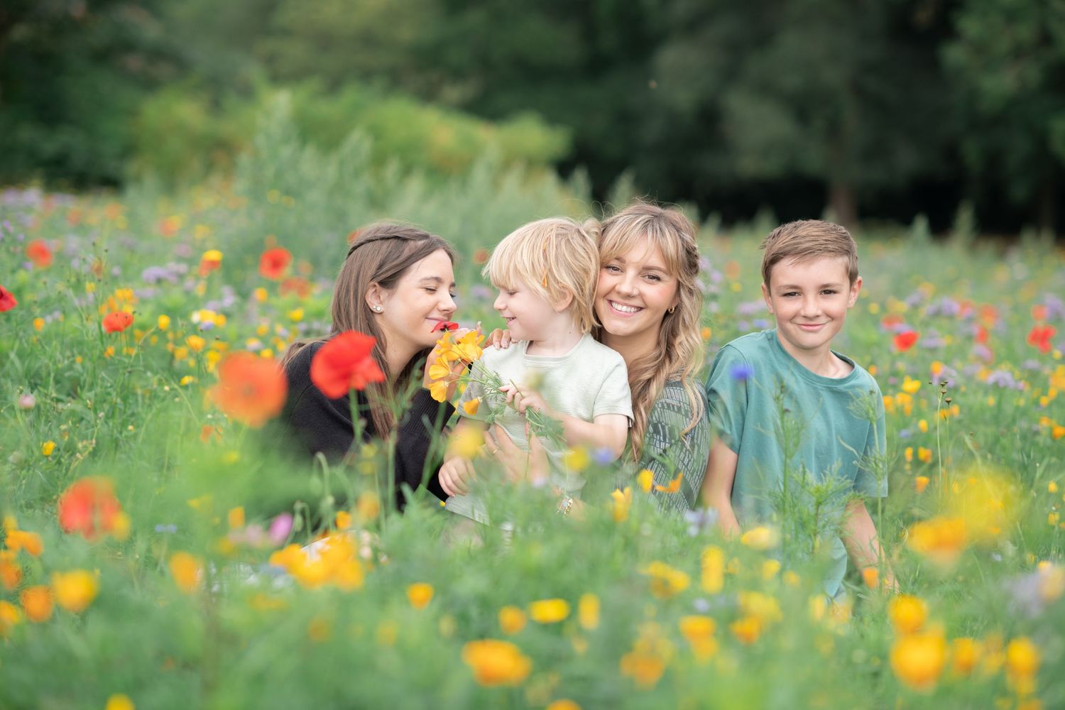 A family sits together in a vibrant wildflower meadow filled with colorful orange and yellow blooms on a sunny day.