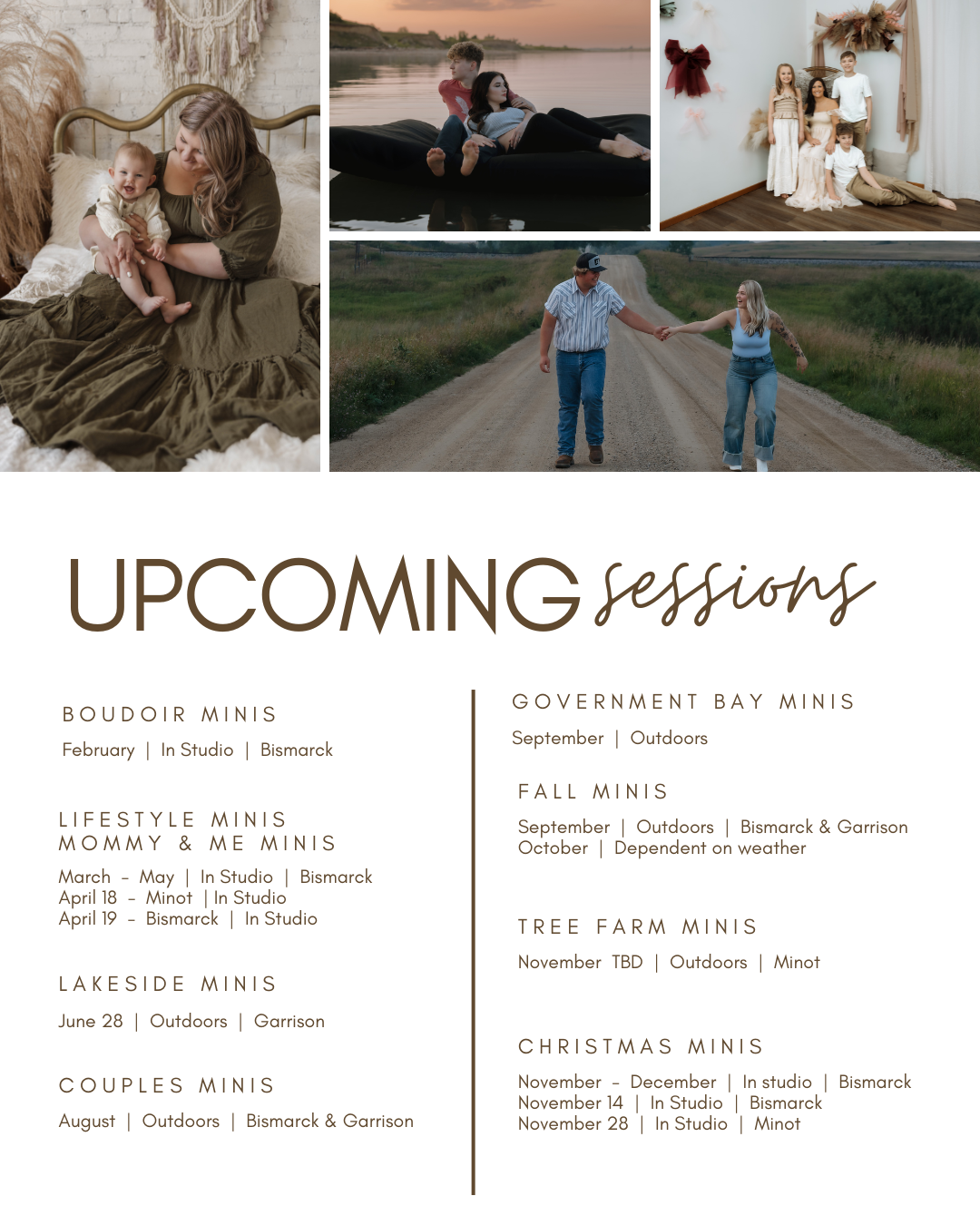 A photography business promotional banner showcasing upcoming seasonal mini session dates and locations. Minot, ND photographer Bismarck, ND