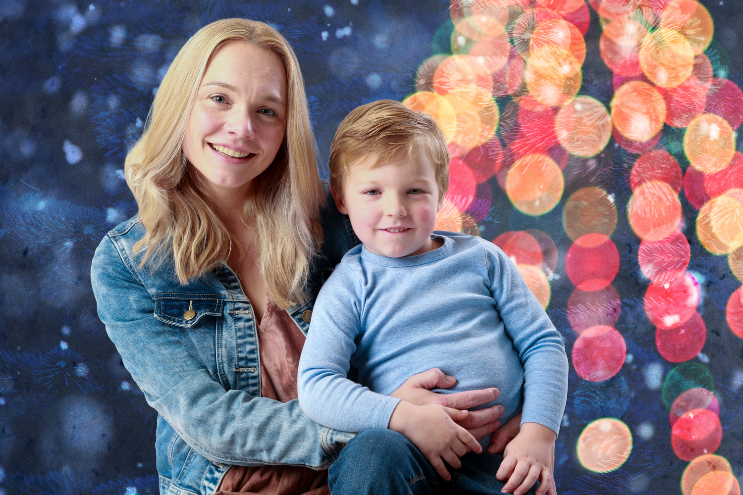 A series of holiday photos showing joyful moments with bokeh lights in the background during a winter photo session.