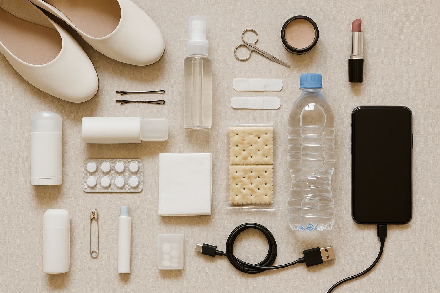 Flat lay of essential items including white ballet flats, phone charger, water bottle, crackers, medication and beauty products.