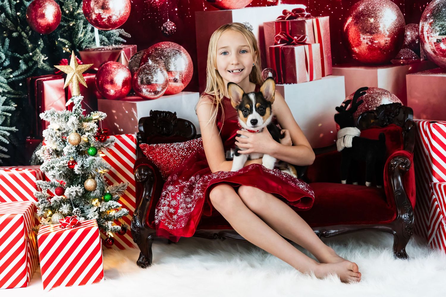 A festive Christmas scene with wrapped presents and red ornaments decorating the space.