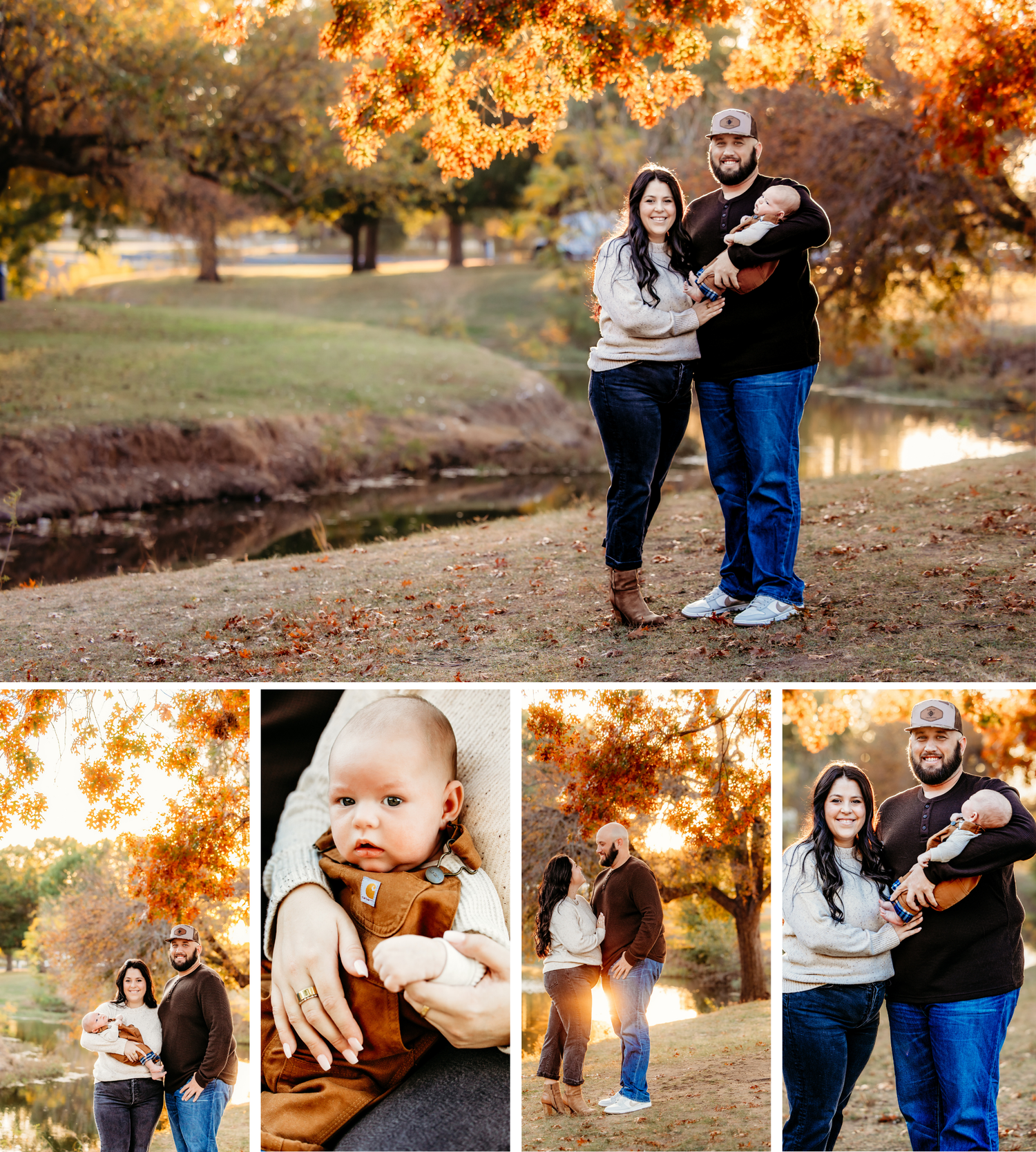 A couple poses together near a pond on an autumn day with golden foliage in the background.