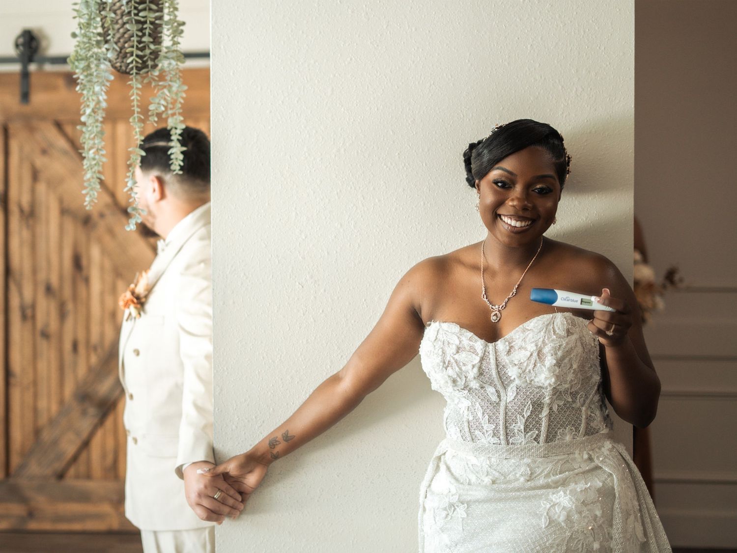 A collage of six photos showing a bride in a white lace wedding dress posing in various elegant indoor settings.