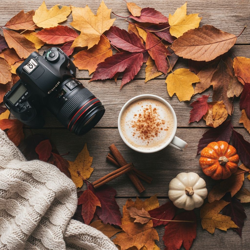 Autumn flatlay with fallen leaves, pumpkins, coffee cups, and camera equipment on rustic wooden background.