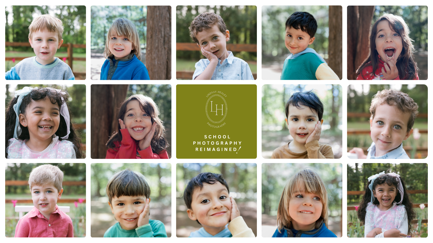 A collage of diverse smiling children outdoors with a school photography logo centered in the middle.
