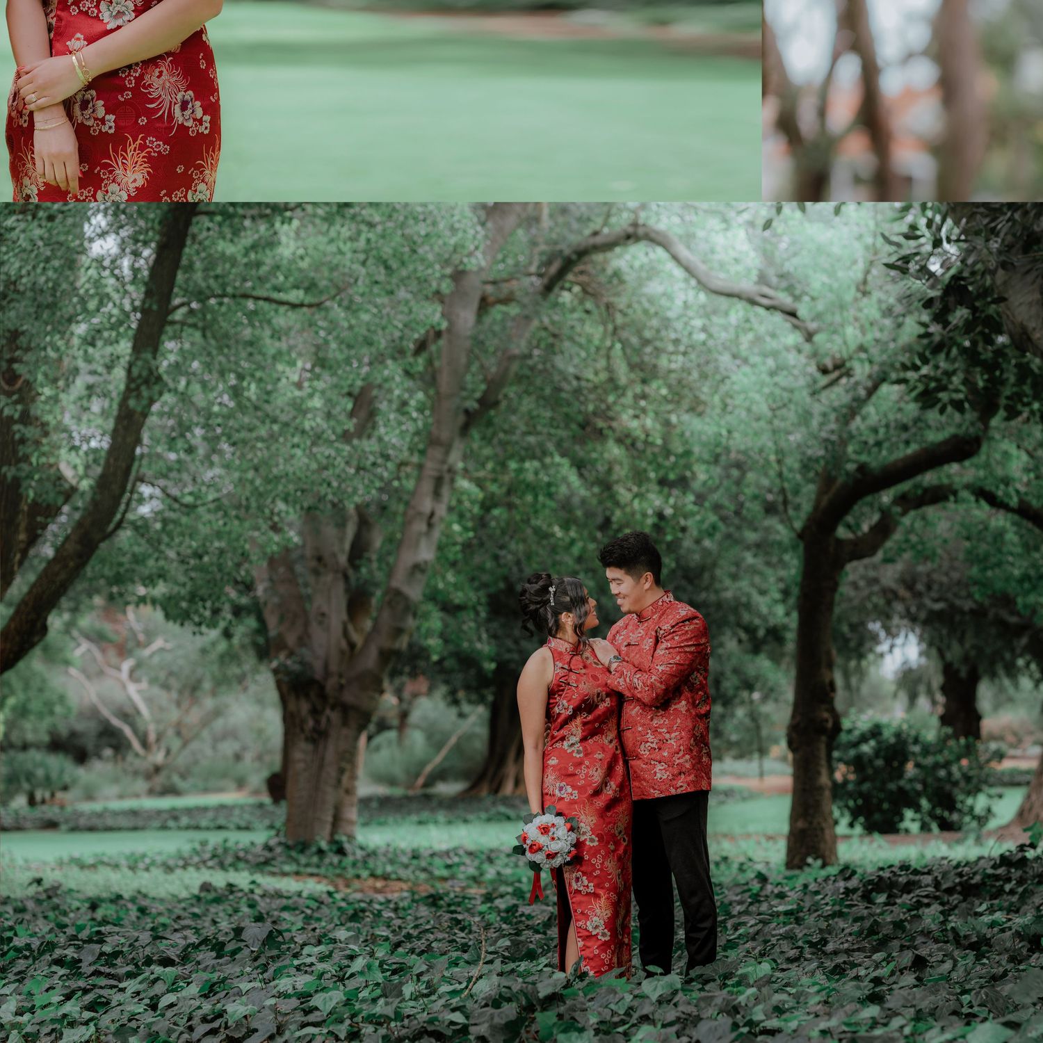A couple in traditional red Chinese attire embrace in a misty green garden setting during a romantic photoshoot.