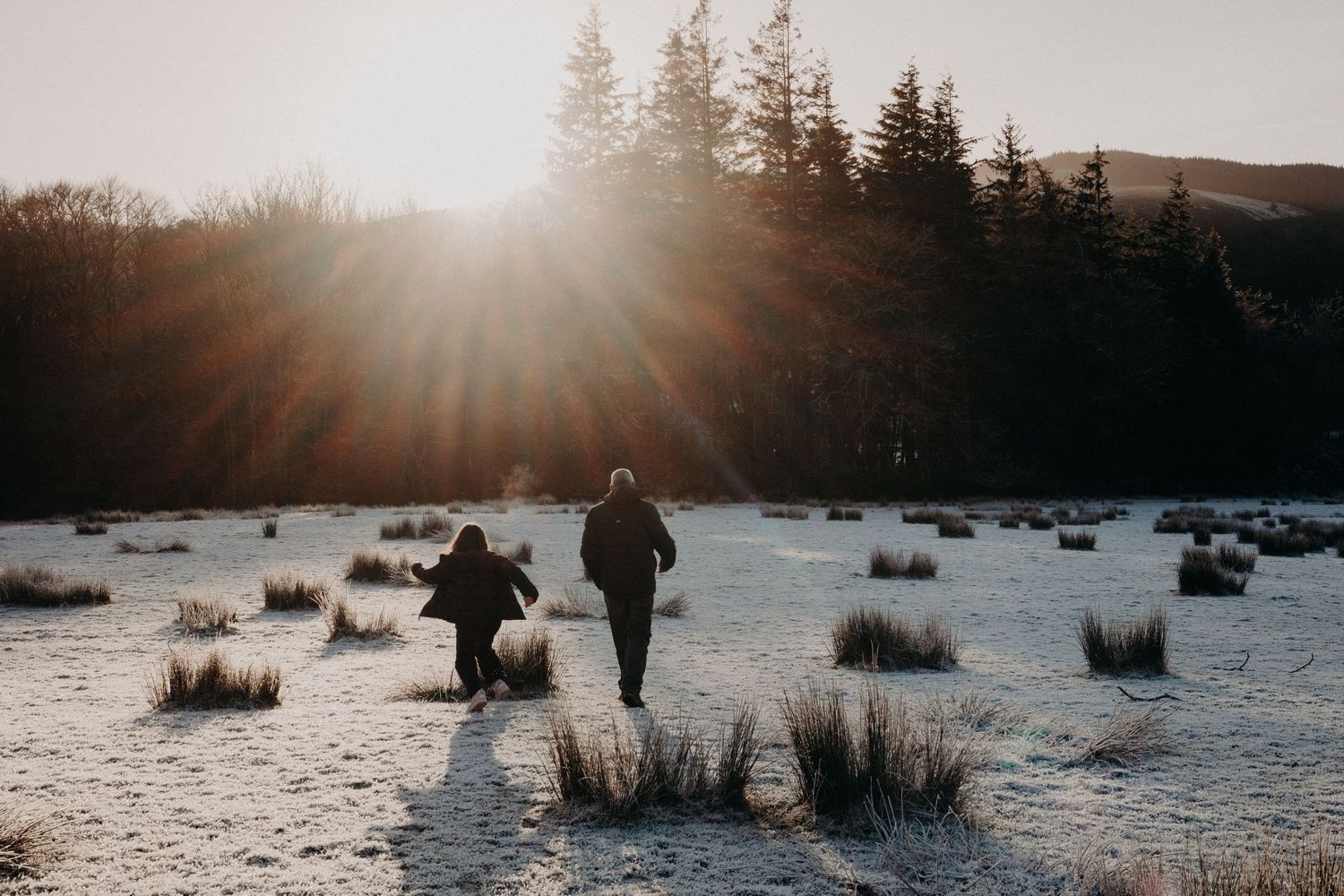 Two people walking across a frost-covered field at golden sunset with pine trees in winter landscape.